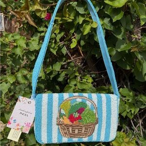 NWT Made in India Vegetable Basket Blue White Striped Beaded Bag Spring Summer